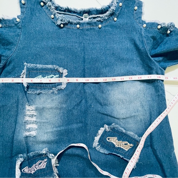🌸3 for $30 Denim Mini Dress Size M details pearls embroidery distressed jeans - Picture 10 of 15
